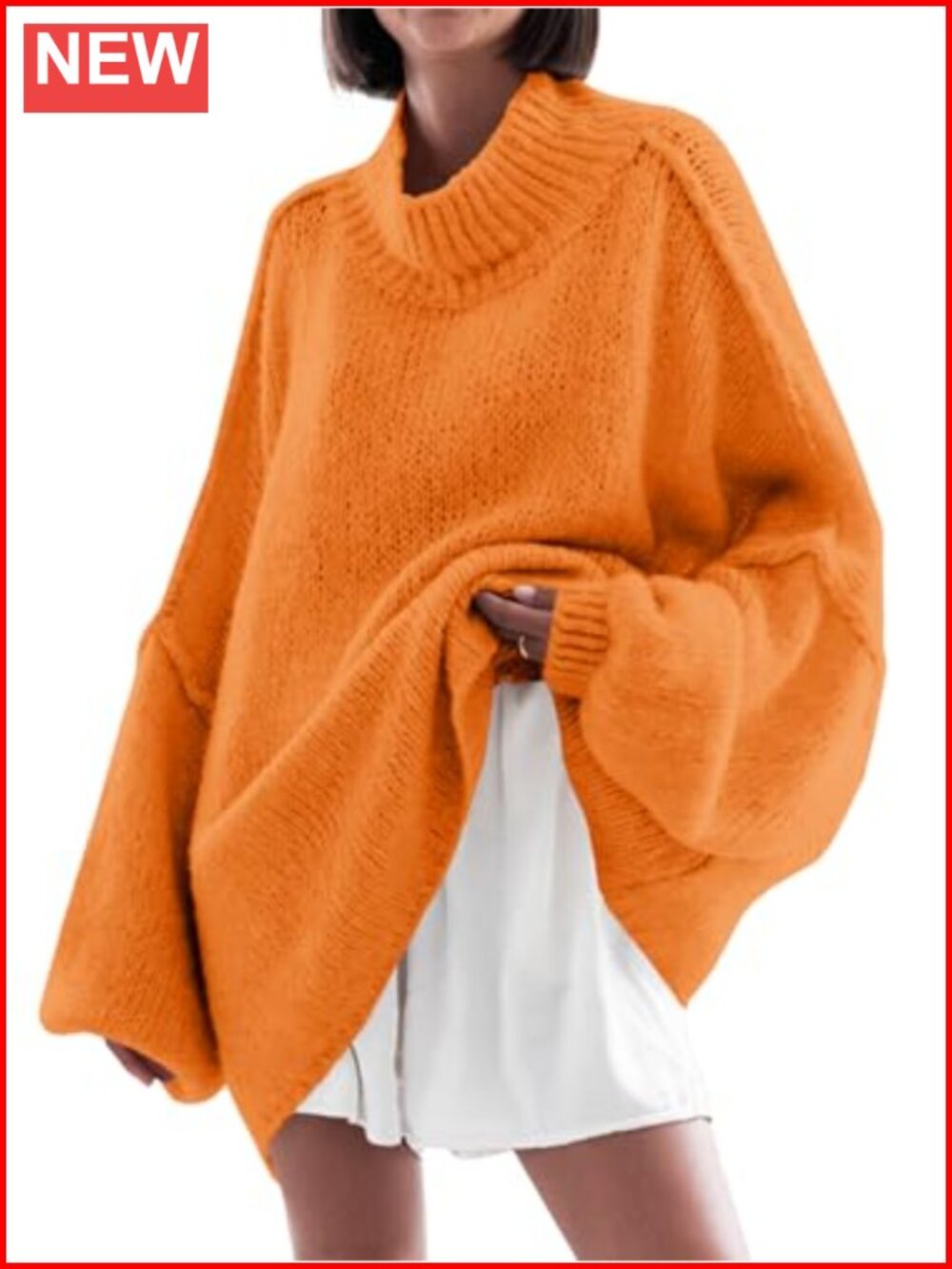 Oversized Mock Neck Tunic Sweater Ribbed Knit Batwing Long Sleeve Pullover
